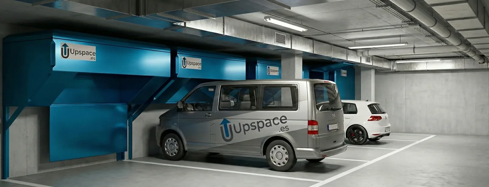 Recreación generada con IA: UpSpace Lite Wide sobre una plaza de garaje